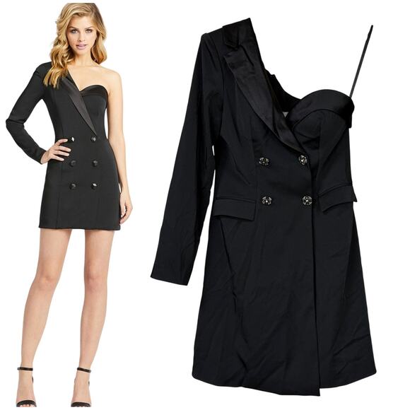 Mac Duggal NWT Black One Sleeve Tuxedo Mini Dress Size 2 Faux Button Satin Trim - Picture 1 of 12